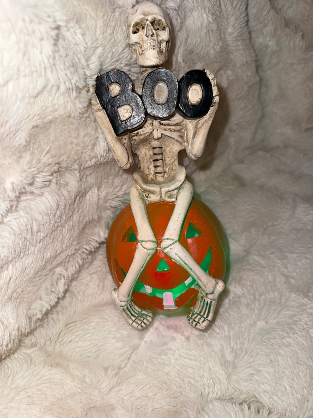 Halloween Skeleton on Pumpkin 'BOO' Figurine - lights up with multi colors